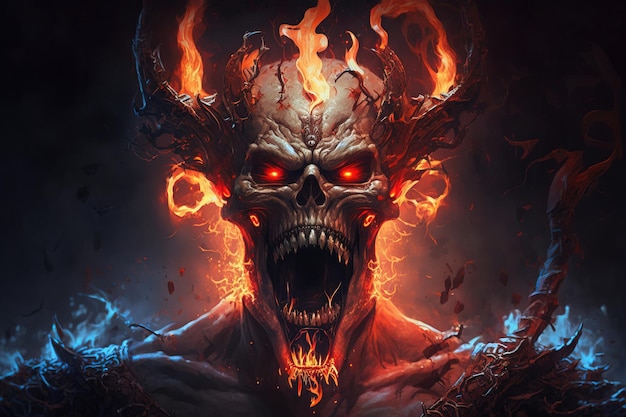 A demon with flames on his face