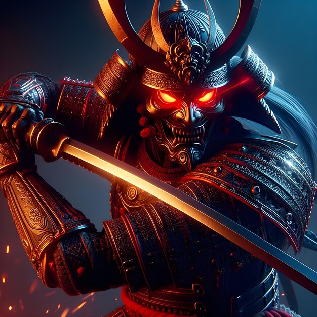 Demon with glowing red eyes wearing ancient Japanese shogun armor