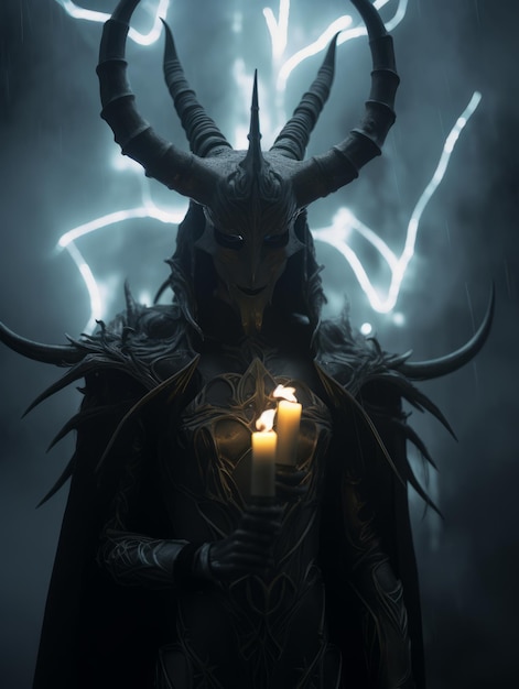 a demon with horns holding a candle in the dark