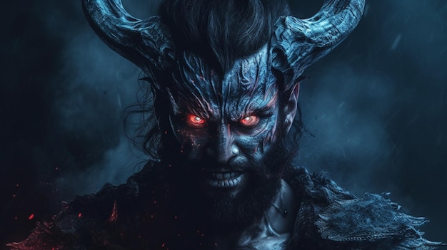 a demon with red eyes black hair and beard blue hornsGenerative AI