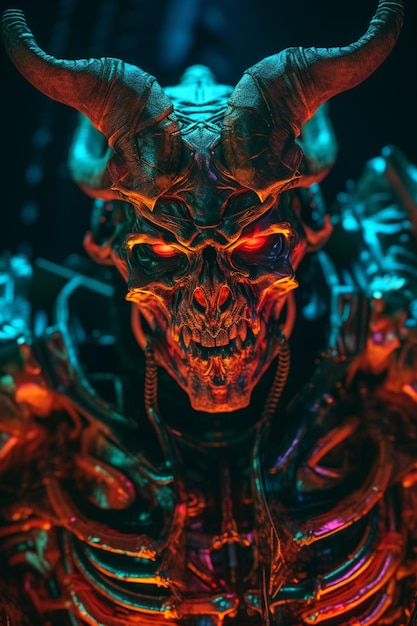 A demon with red eyes and a glowing skull