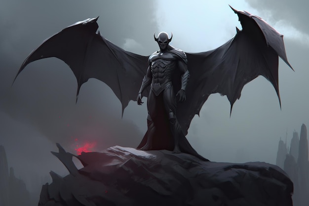 A demon with wings stands on a cliff.