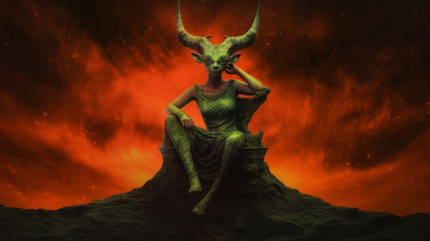 demon woman in hell sitting on a throne