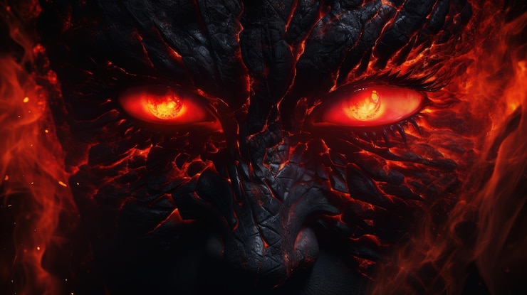 Photo demonic creature with fiery red eyes