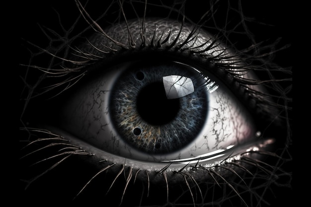 A demonic dark eye in the web looks at you halloween scary eye on black background generative AI