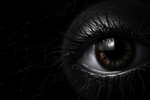 A demonic dark eye in the web looks at you halloween scary eye on black background generative AI