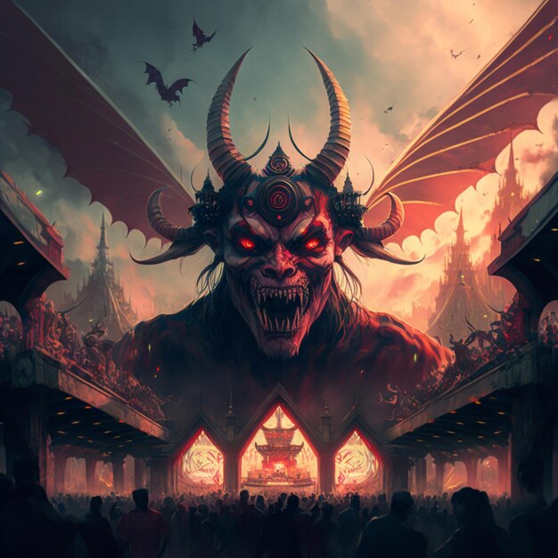 demonic demon with red eyes and horns in a crowded stadium generative ai