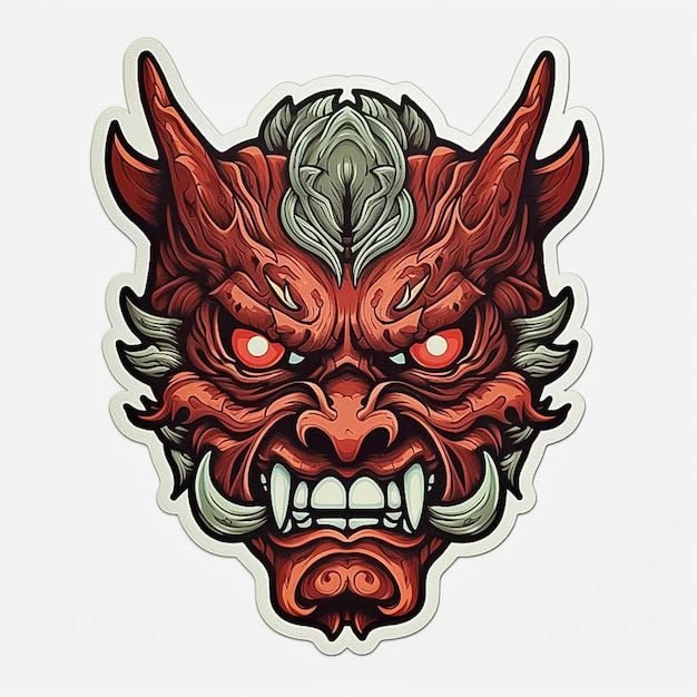 Demonic Oni mask in red and blue sticker art AI generated