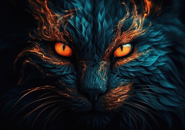 Demonic portrait of a cat with fiery eyes AI generated