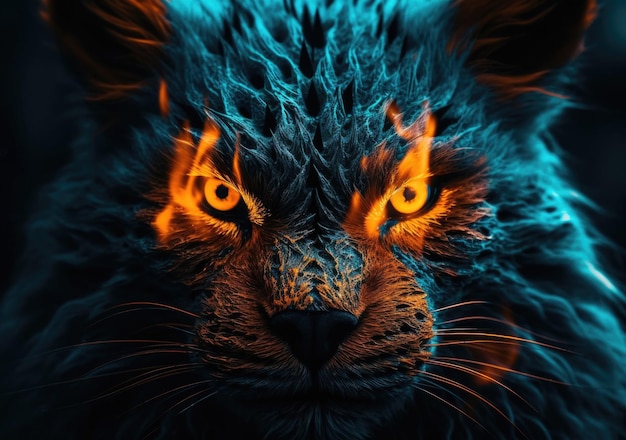 Demonic portrait of a cat with fiery eyes AI generated