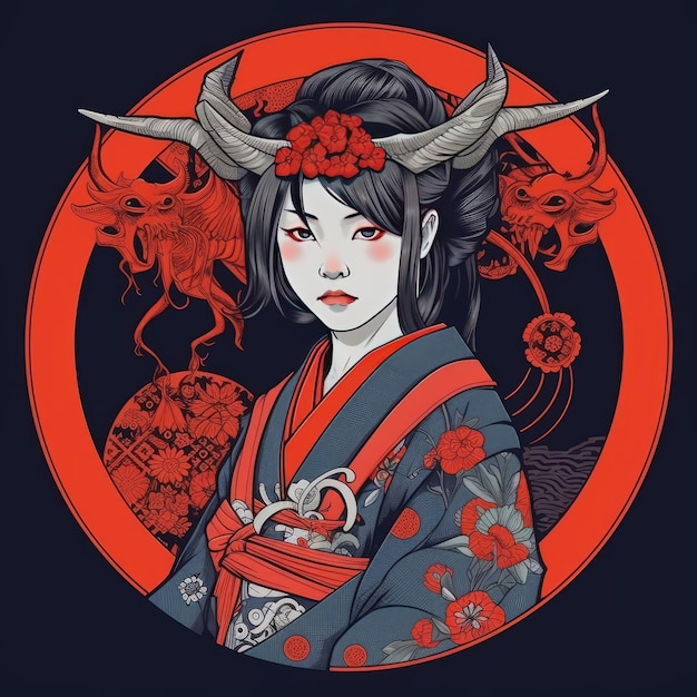 demonic pretty japanese kimono girl vector design