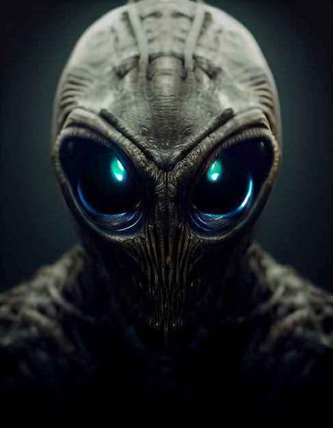 Demonic reptilian alien with big almond shaped eyes 3d concept\
art illustration