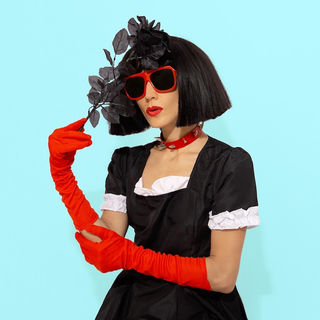 Demonic vampire gothic Lady in red gloves holding black roses Roleplaying games halloween party