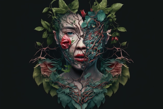 Demonische gezichtsuitdrukking met menselijk hart met bloemen en groene takjes