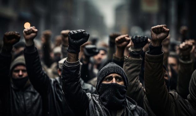 Demonstranten steken hun vuisten op in het mensenrechtenactivismeconcept van de stad