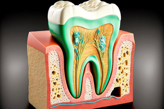 Demonstration of dental implantology tooth on gum model in section