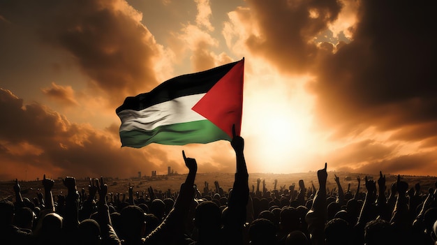 パレスチナ支持のパレスチナ旗を掲げるデモ