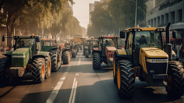 Демонстрация с тракторами в городе, созданной с помощью