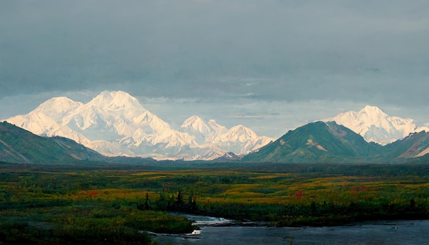 Denali park besneeuwde berg groen veld met mooie bewolkte hemel