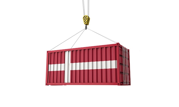 Denemarken vlag vracht handelscontainer hangend aan een kraan d render