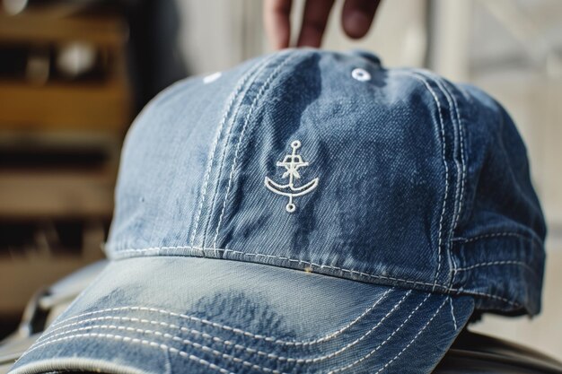 Photo denim baseball cap with logo embroidery being modeled