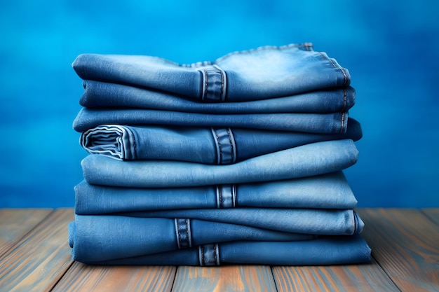 Фото Денимовые мечты куча голубых джинсов на деревянном столе с голубым фоном