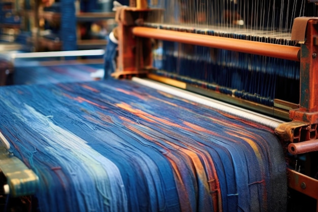 Denim fabric being woven on industrial loom created with generative ai