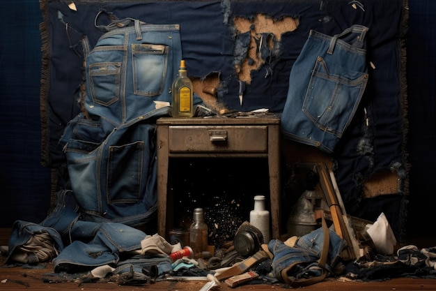 Denim jeans being distressed with tools created with generative ai