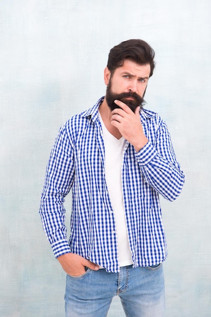 Denim look. Male casual fashion style. barber care for real men. brutal hipster with mustache. Mature hipster with beard. confident in his style. Bearded man seriously tuned.