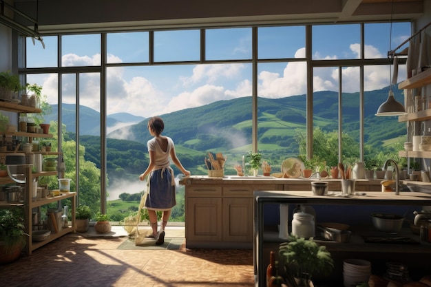 Denimshirted girl cleaning huge panoramic windows in countryside house with nature view