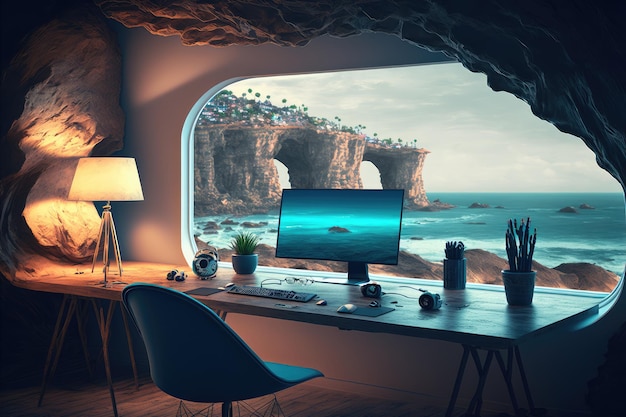 Denkbeeldige thuiswerkruimte in rotsachtige grot met raam met uitzicht op oceaanlandschap