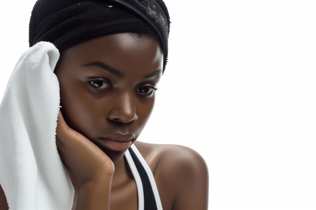 Denkende Afrikaanse vrouw met hoofdband met witte handdoek bedachtzame blik zwarte tanktop geïsoleerd op witte achtergrond