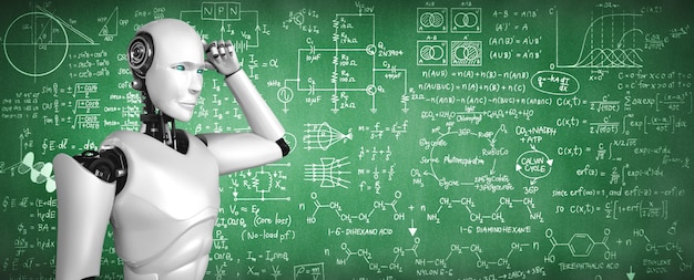 Denkende AI humanoïde robot die scherm van wiskundige formule en wetenschap analyseert