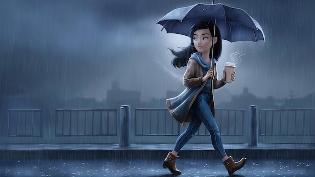 Denkende jonge vrouw met Aziatisch uiterlijk loopt op een regenachtige bewolkte dag onder een paraplu en drinkt tak