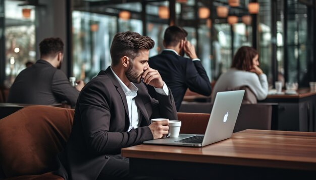 Denkende mannen zitten bij een laptop in het kantoor.