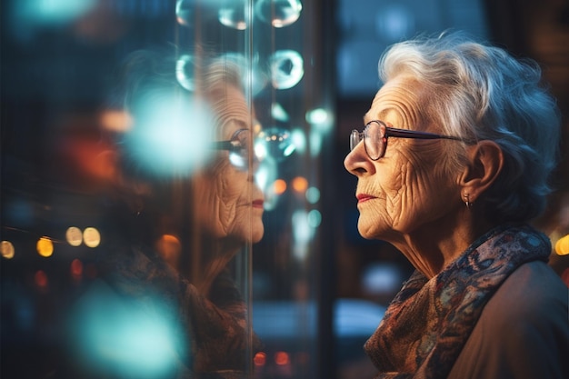 Denkende oude en bejaarde vrouw bij een glaswinkelvenster in de avond