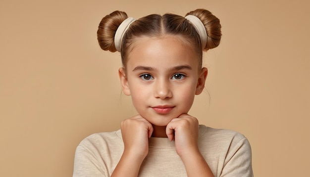 Denkende schoonheid Mooi meisje met haarbroodjes die naar de camera kijkt