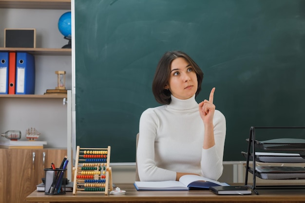 Denkpunten naar jonge vrouwelijke leraar die aan het bureau zit met schoolhulpmiddelen in de klas