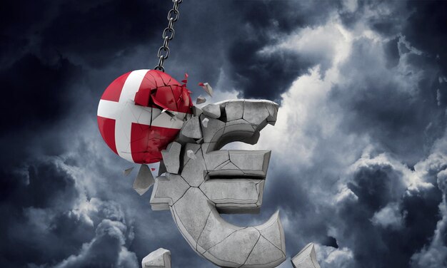 Denmark flag ball smashing a european euro currency symbol d render