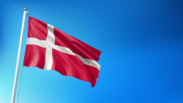 Denmark Flag Flying on Blue Sky Background 3D Render