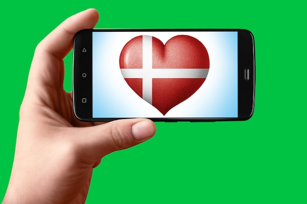 Denmark flag in the shape of a heart on the phone screen Smartphone in hand shows the heart of the flag on the background hromakey