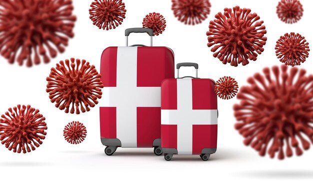 Denmark flag travel suitcases with coronavirus 3D Rendering