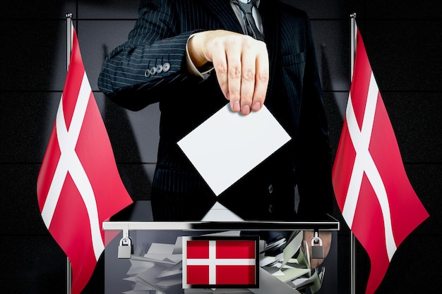 Denmark flags hand dropping voting card election concept 3D illustration