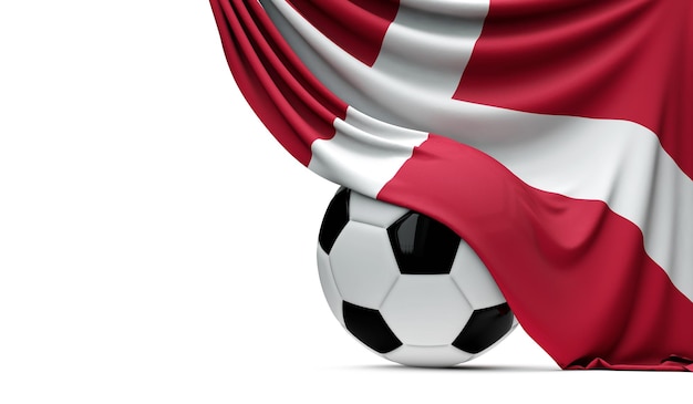 축구 축구 공 3D 렌더링 위에 드리워진 덴마크 국기