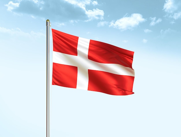 Denmark national flag waving in blue sky with clouds Denmark flag 3D illustration