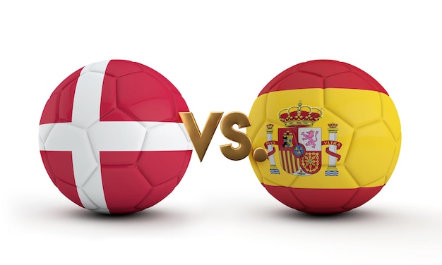 Дания против испании футбольный матч национальные флаги с рендерингом футбола d