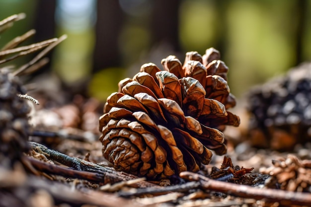 Dennenappel op de grond in het dennenbos Ondiepe scherptediepte Generatieve AI