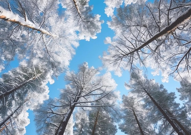 Dennenbomen bedekt met vorst en sneeuw op een zonnige winterdagAI Generatief