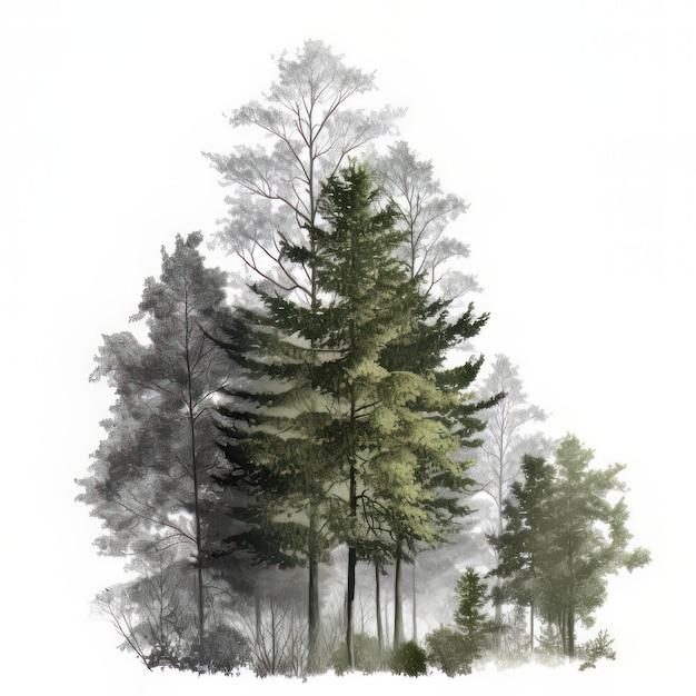 Dennenbomen in de mist op een witte achtergrond