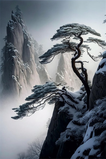 Dennenboom zittend op de top van een besneeuwde berg generatieve ai